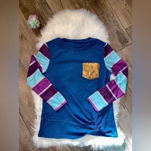 Women Teal striped long sleeve shirt with sequin pocket